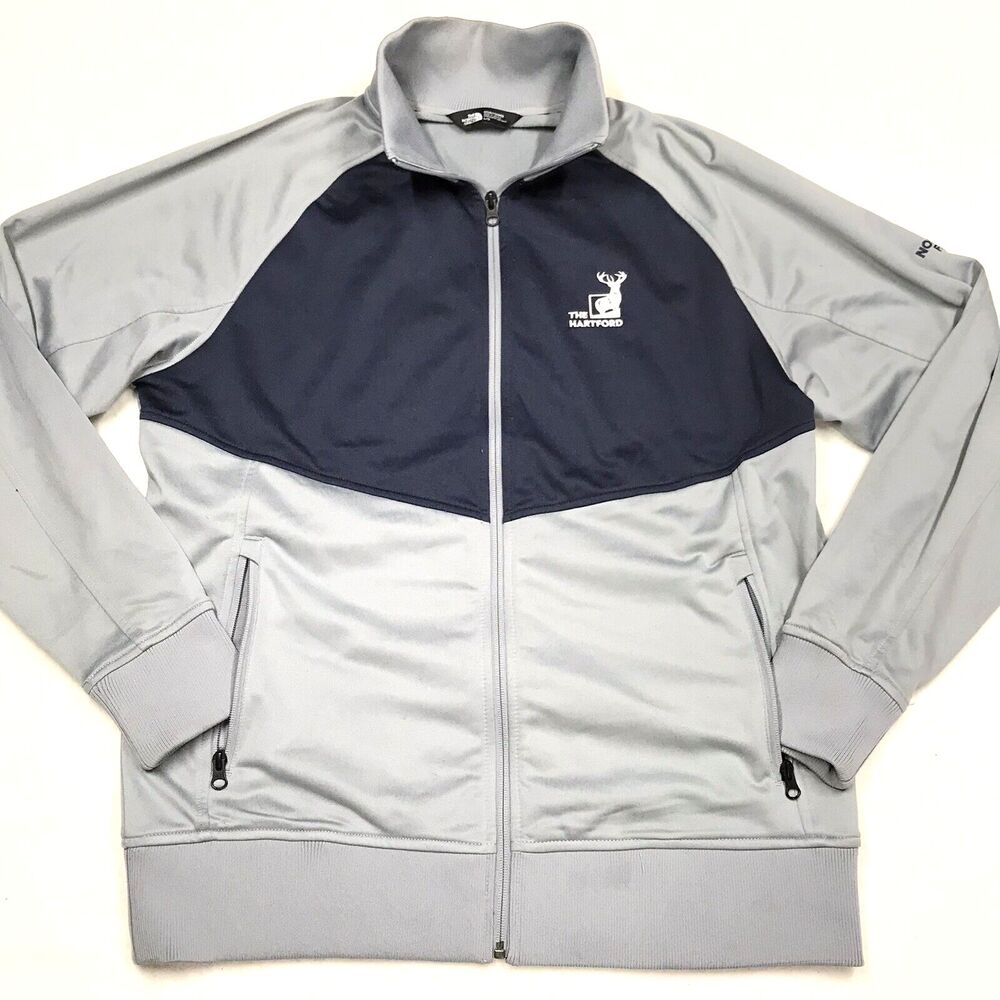 NORTH FACE Track Jacket Men L Gray Blue Full Zip Raglan Mock Neck Performance